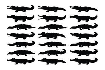 A collection of twelve stylized black silhouette elephants in various poses against a white background