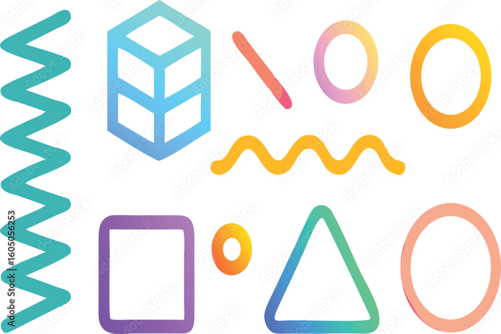 Poster collection of colorful geometric shapes and abstract lines with gradient effects isolated on transpa