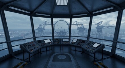 Obraz premium Control Tower Deck Overlooking Shipyard Cranes and Panoramic Windows
