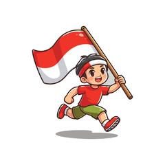cartoon vector of children running carrying the Indonesian red and white flag
