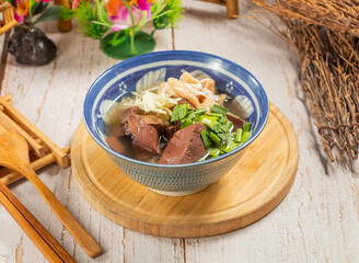 Traditional Pig Blood Sausage Soup with Noodles in bowl bowlf Taiwanese Comfort Food