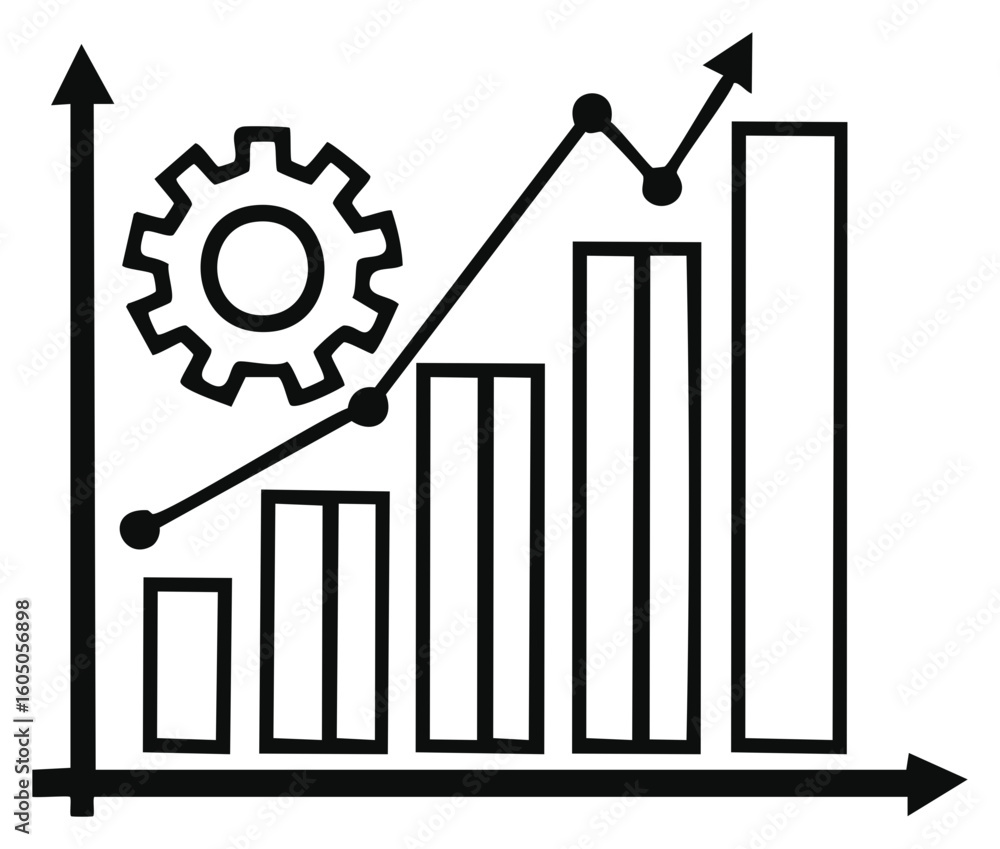 Poster business performance chart with rising bar graph trend line and cog icon depicting strategy and opti