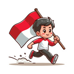 cartoon vector of children running carrying the Indonesian red and white flag
