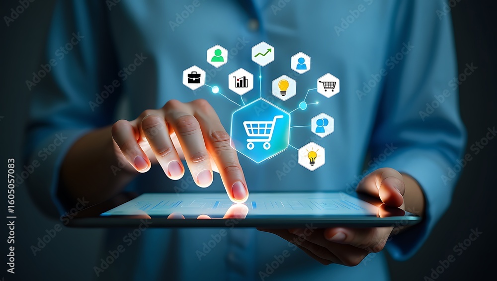Poster person using tablet with glowing shopping cart and e commerce icons hovering above