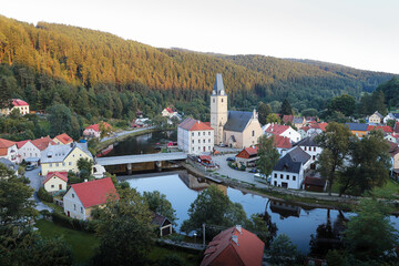 view of the picturesque small town Rozmberk nad Vltavou in the South Bohemian region, Czech...