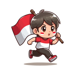 cartoon vector of children running carrying the Indonesian red and white flag
