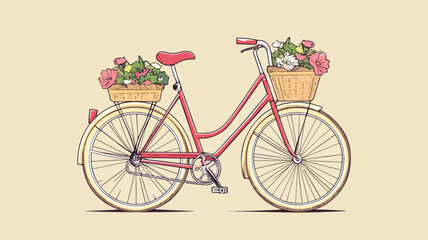 Fototapeta premium Retro Vintage Bicycle with Flower Baskets Simple Line Art Illustration