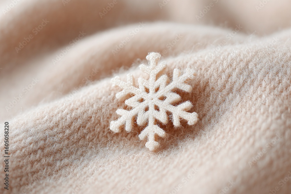 Poster minimalist composition of snowflake ornament on soft wool fabric clean shadows and copy space left