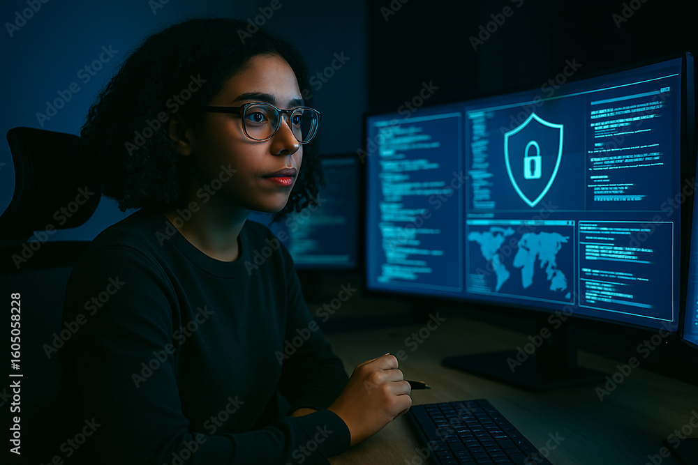 Aufkleber focused woman wearing glasses working on computer with cybersecurity shield and code on screen at ni
