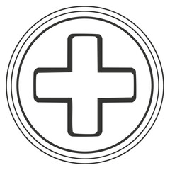 Obraz premium Medical plus sign icon. Healthcare and first aid cross symbol in a circle. Line art illustration.