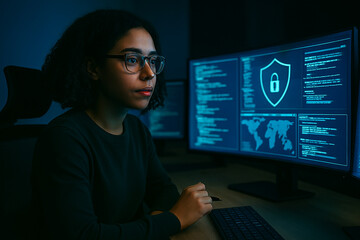 Focused woman wearing glasses working on computer with cybersecurity shield and code on screen at night