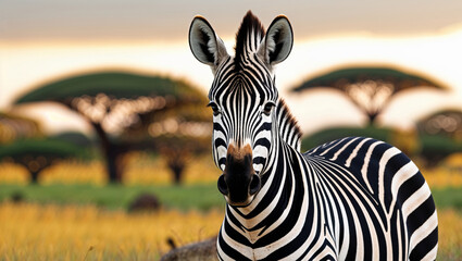 Naklejka premium A majestic zebra gazes directly at the camera, set against a warm savanna background.