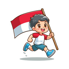 cartoon vector of children running carrying the Indonesian red and white flag