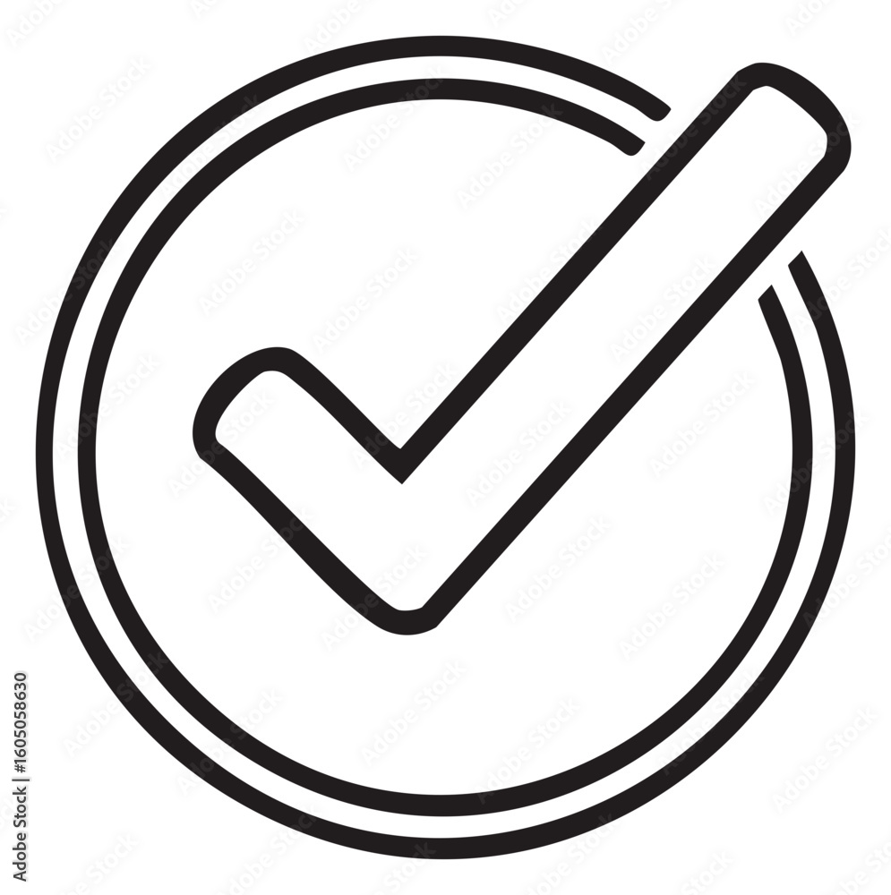Poster black line art check mark icon inside double circle for approval and correct symbol outline