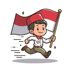 cartoon vector of children running carrying the Indonesian red and white flag
