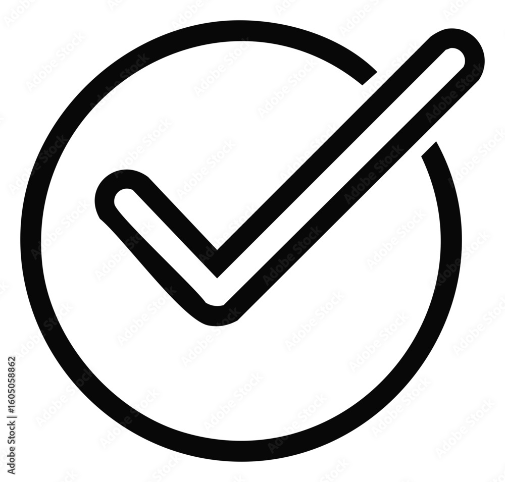Poster black line art check mark icon in a circle for approval and confirmation