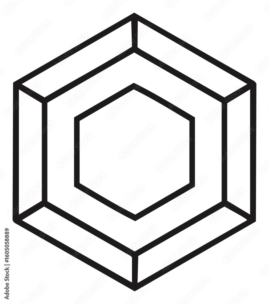 Poster abstract geometric hexagon shape with depth and illusionary design in black lines