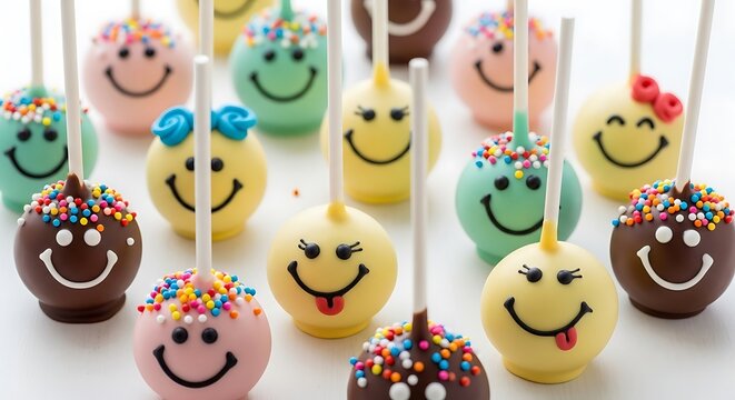 An array of colorful cake pops decorated with smiley faces and sprinkles displayed on a white surface