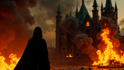 A wizard in a black robe looks at a burning castle, flames and smoke floating in the fire