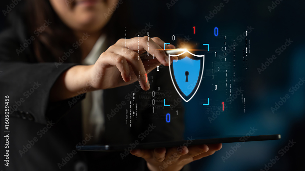 Poster cyber security protects against breaches, hacks, and network attacks using strong infrastructure and