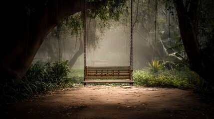 Enchanted Swing in a Misty Deserted Enclosure