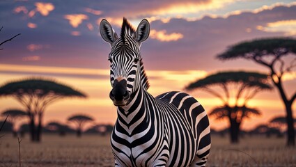 Obraz premium A zebra stands majestically in the african savanna during a stunning sunset.