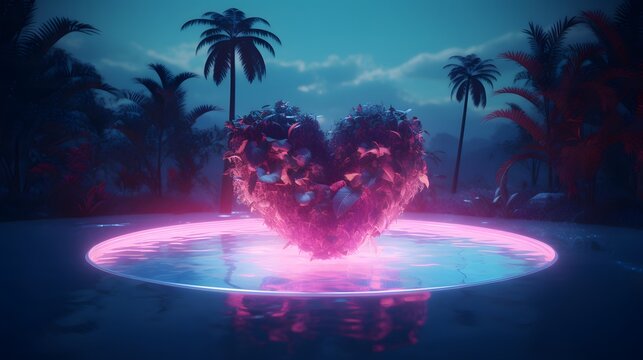 Romantic heart shape with neon glow in tropical paradise love background