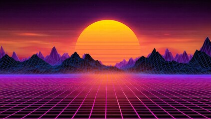 Pixelated Sunset Over Gridded Landscape