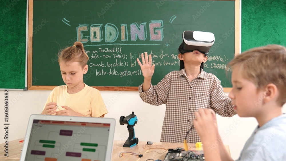 Poster energetic child wearing vr headset while enter virtual world at classroom. student programing system