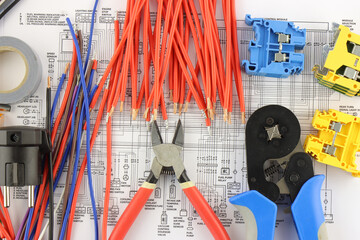 Electrical installation tools and materials for the assembly of electrical equipment. Soft focus. Close-up.