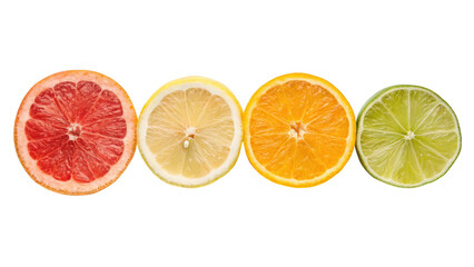 Four sliced citrus fruits including grapefruit lemon orange and lime isolated on transparent background