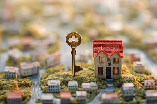 Concept of home ownership with a key and house over a cityscape model, key and house over cityscape