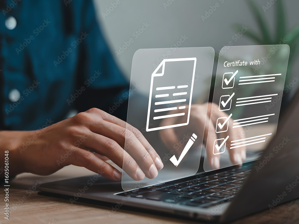 Poster seamless digital certification modern interface with checklist on laptop, ensuring compliance and qu