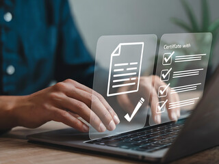 Seamless digital certification modern interface with checklist on laptop, ensuring compliance and quality control for efficient workflow and successful accreditation online