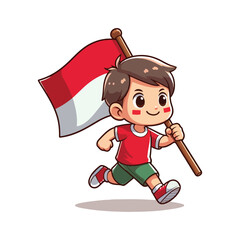 cartoon vector of children running carrying the Indonesian red and white flag