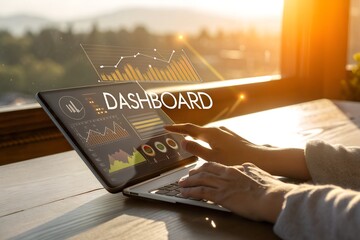 Hands typing on a laptop displaying a dashboard with charts graphs and data visualizations for business analytics and performance tracking
