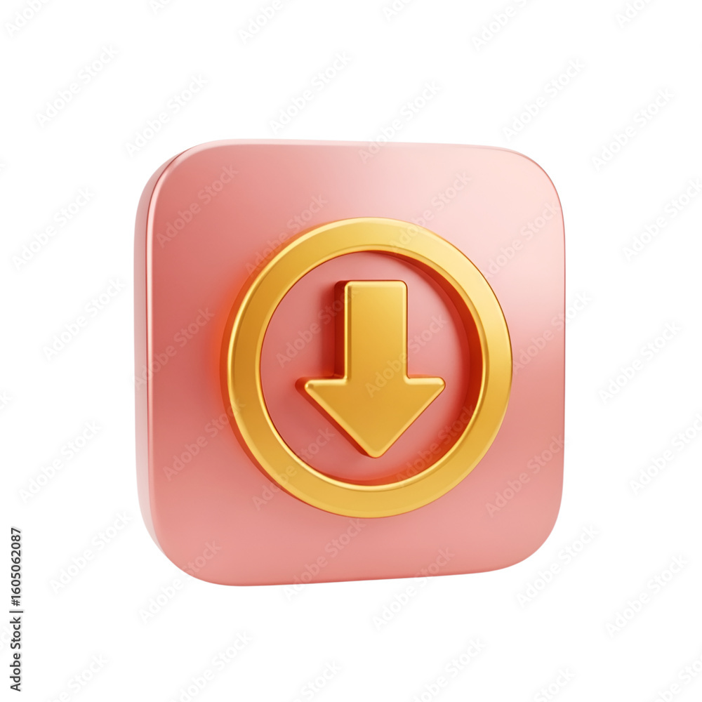 Poster 3d illustration of 3d render of a pink square button with a golden down arrow icon isolated on trans