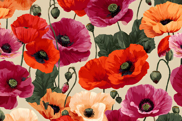 Vibrant Poppy Pattern: A Play of Colors on Tan Canvas