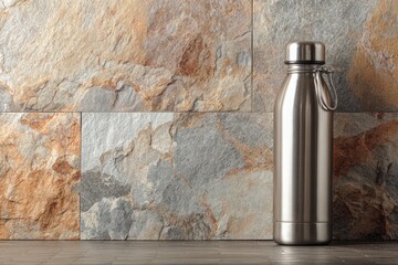 Shiny water bottle with rock wall: The photo showcases a sleek, metallic water bottle, symbolizing hydration, placed against a textured backdrop of a rugged stone wall.