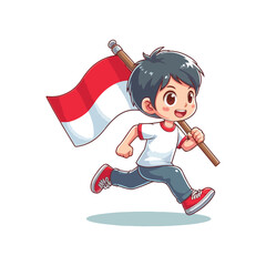 cartoon vector of children running carrying the Indonesian red and white flag