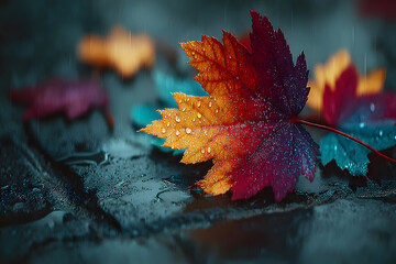Vibrant autumn leaf glistens with rain drops on wet pavement