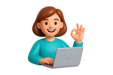 3D Woman Using Laptop OK Gesture Isolated on a Transparent Background