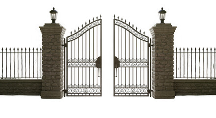 Obraz premium An open wrought iron gate between stone pillars with lanterns and matching fences isolated on white providing an entrance to a property isolated on transparent background