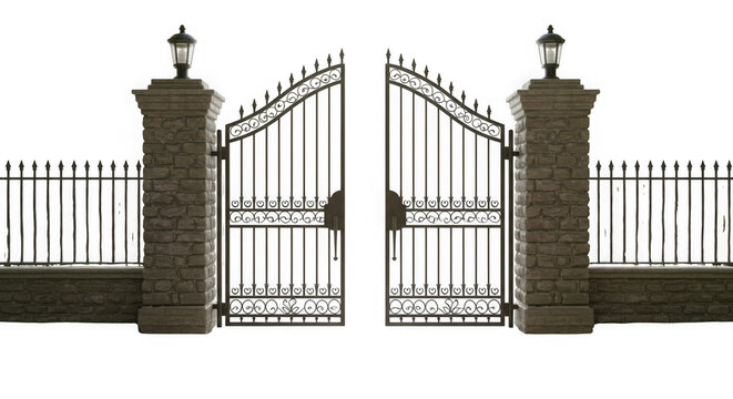 An open wrought iron gate between stone pillars with lanterns and matching fences isolated on white providing an entrance to a property isolated on transparent background
