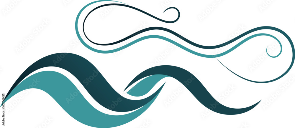 Poster vector art of abstract flowing waves and swirls in teal and dark blue on a transparent background.