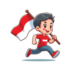 cartoon vector of children running carrying the Indonesian red and white flag