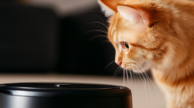 Whimsical moment of a ginger cat playfully interacting with a robot vacuum