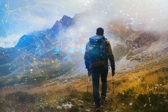 Exploring the wilderness during a data processing hike in mountain terrains, data processing over african american man hiking