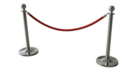 Red rope barrier with chrome stanchions for crowd control and vip access on a clean transparent background