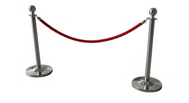 Red rope barrier with chrome stanchions for crowd control and vip access on a clean transparent background